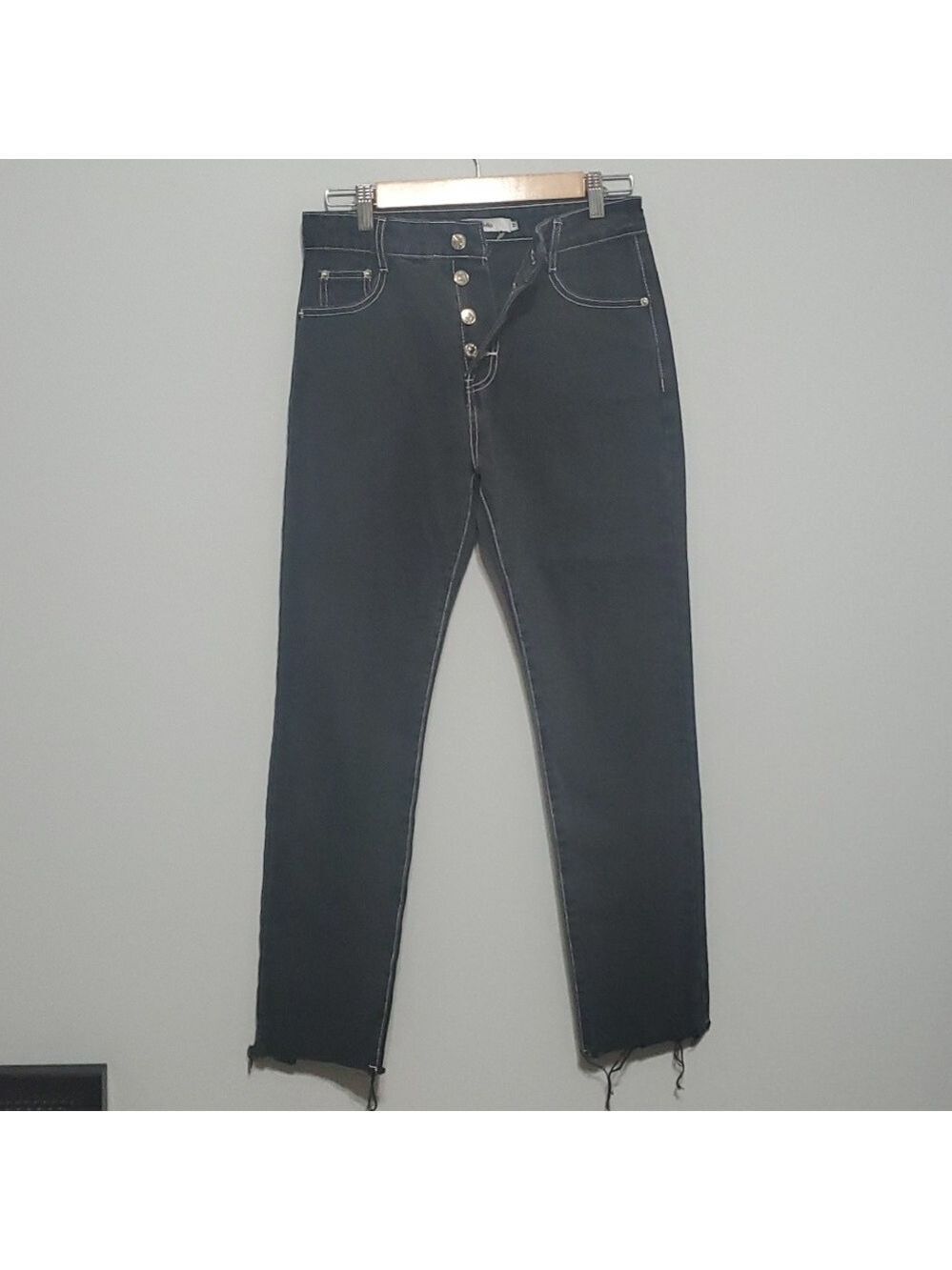 Adika jeans women's size medium black‎ white trim button-fly raw-cut fray…